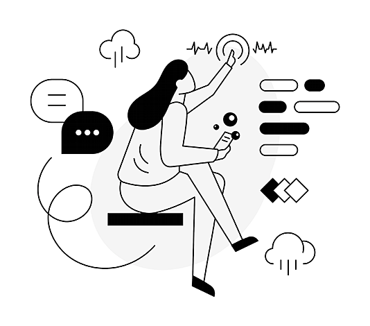 Image of person sat pushing virtual button surrounded by symbols of email, chat, cloud and notifications