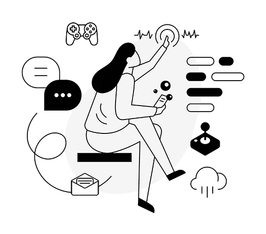 Image of person sat pushing virtual button surrounded by symbols of email, chat, cloud and notifications